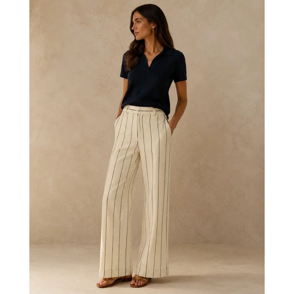 Lauren Ralph Lauren Linen Blend Pants Cream Stripe Wide Leg Minimalist Office - Picture 16 of 16